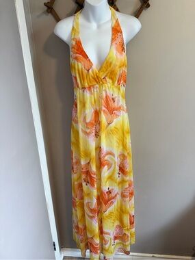 Vintage Linda Lingerie Yellow Orchid Floral Halter Nightgown S